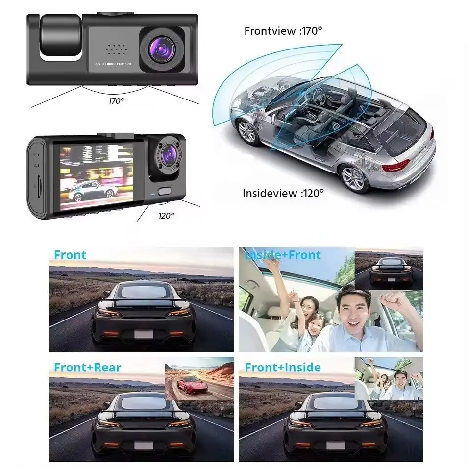 Picture of 3 Lens Car Dash Camera with WiFi & Night Vision – Front, Inside, Rear Recording(Black)