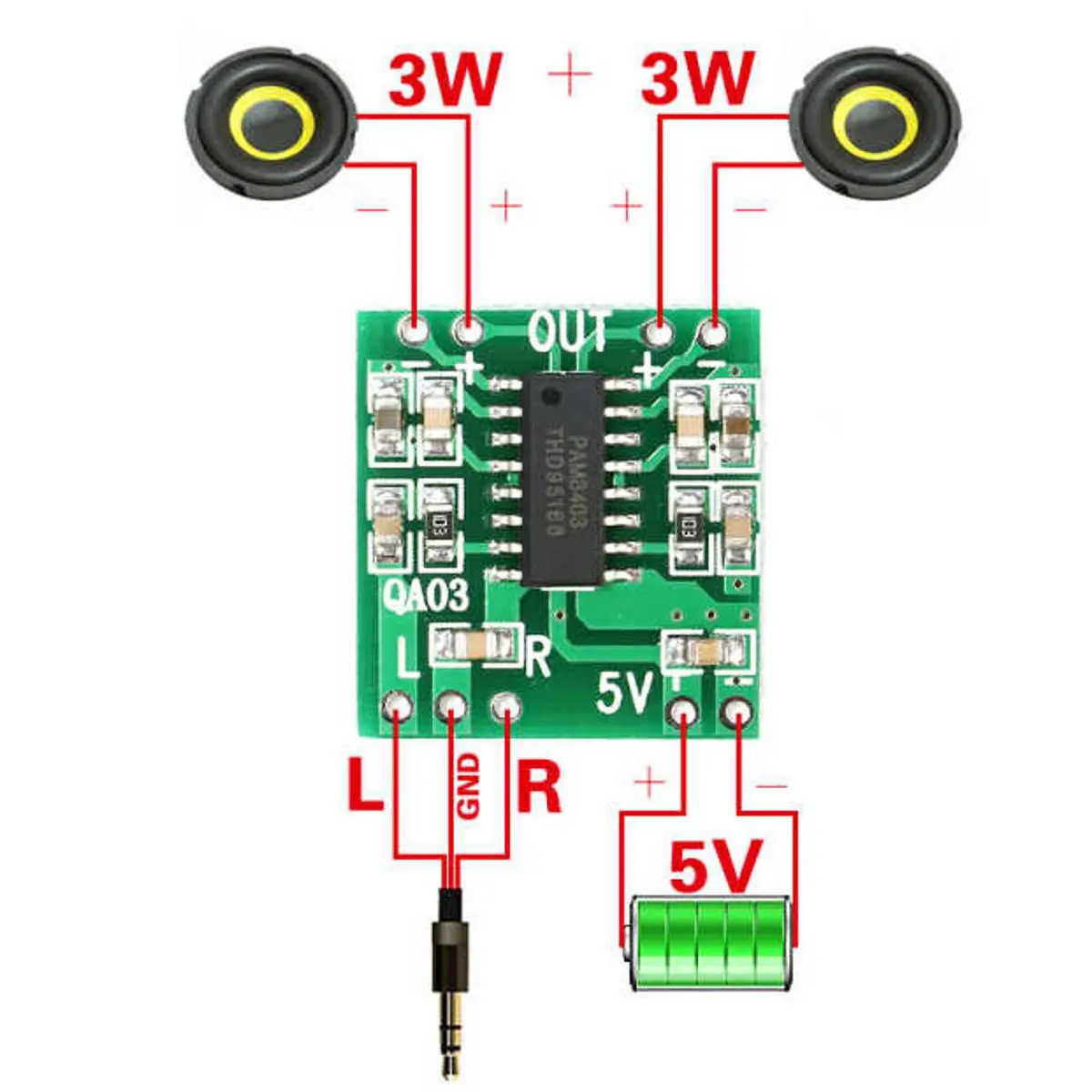 Picture of PAM8403 5V Mini Digital Audio Amplifier Board (3W+3W) - High Efficiency Stereo Module(Green)