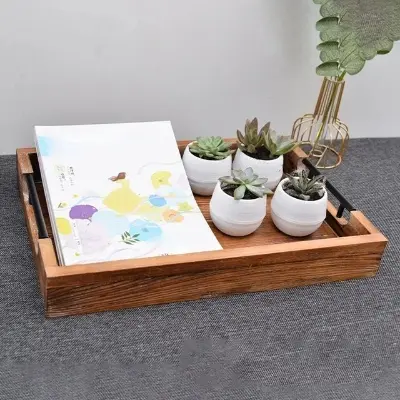 Picture of European Wooden unique design Tray Tableware Food Dessert Cake Snack Serving Tray Plate with handle - White