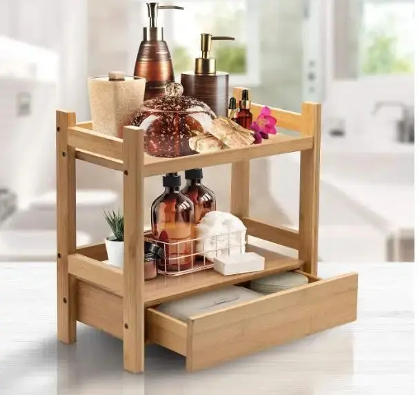 Picture of 2-Tier Bamboo Countertop Shelf with Drawer Small Multi-Purpose Storage Bookshelf for Bathroom Office Makeup Kitchen Organizer - Multicolor