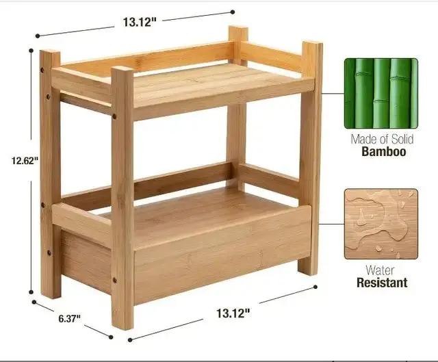 Picture of 2-Tier Bamboo Countertop Shelf with Drawer Small Multi-Purpose Storage Bookshelf for Bathroom Office Makeup Kitchen Organizer - Multicolor
