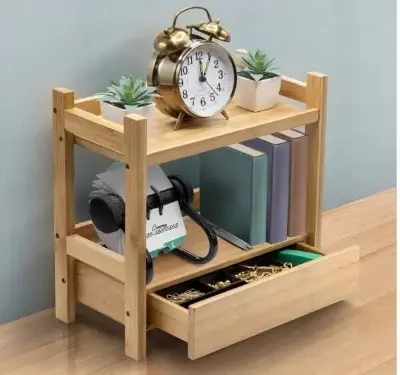 Picture of 2-Tier Bamboo Countertop Shelf with Drawer Small Multi-Purpose Storage Bookshelf for Bathroom Office Makeup Kitchen Organizer - Multicolor
