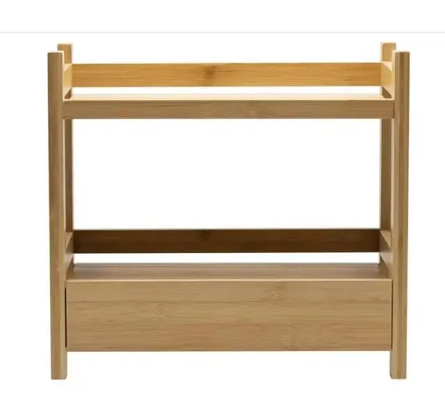 Picture of 2-Tier Bamboo Countertop Shelf with Drawer Small Multi-Purpose Storage Bookshelf for Bathroom Office Makeup Kitchen Organizer - Multicolor