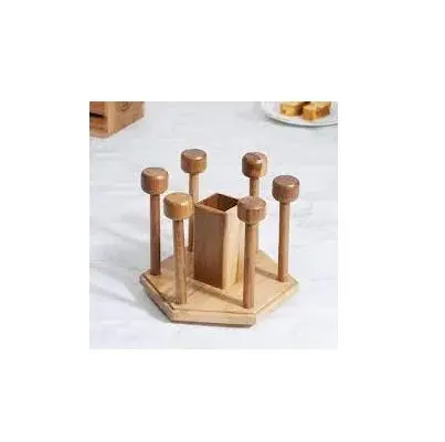 Picture of Wooden Rustic wood 6 Glass holder Display Rack Bottled Wood Rack Wine With Storage Tray Table Top quality piece - Multicolor