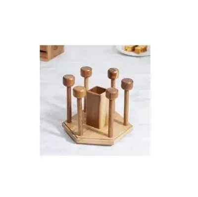 Picture of Wooden Rustic wood 6 Glass holder Display Rack Bottled Wood Rack Wine With Storage Tray Table Top quality piece - Multicolor