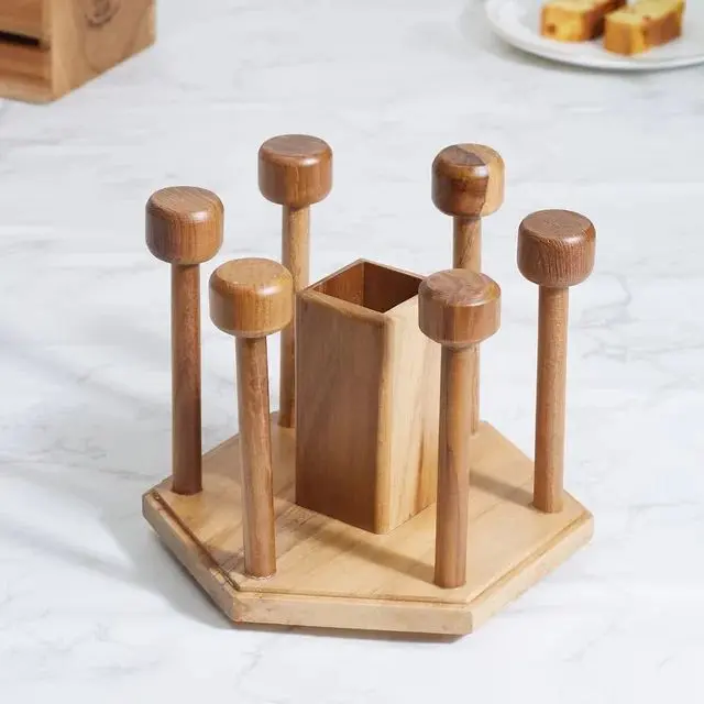 Picture of Wooden Rustic wood 6 Glass holder Display Rack Bottled Wood Rack Wine With Storage Tray Table Top quality piece - Multicolor