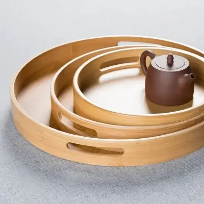 Picture of Unique Style High Quality Wooden Round Serving Tray with well   polish - Multicolor