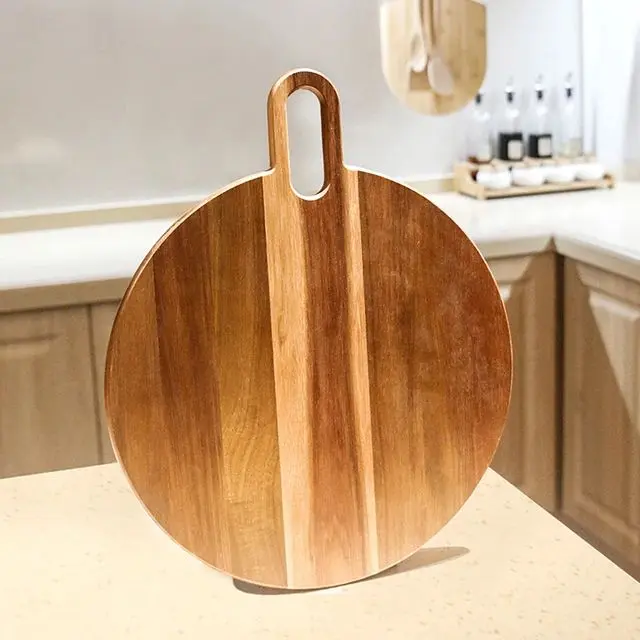 Picture of High Quality Round Acacia Wooden Cheese Board Wood Cutting Board Wood Charcuterie Board with Handle - Multicolor
