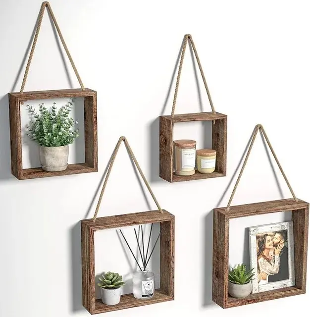 Picture of 1 PCS Floating Hanging Square Shelves Wall Mounted Rustic Wood Cube Display Shelf Shadow Boxes Decorative Boho Home Decor for Living - Multicolor