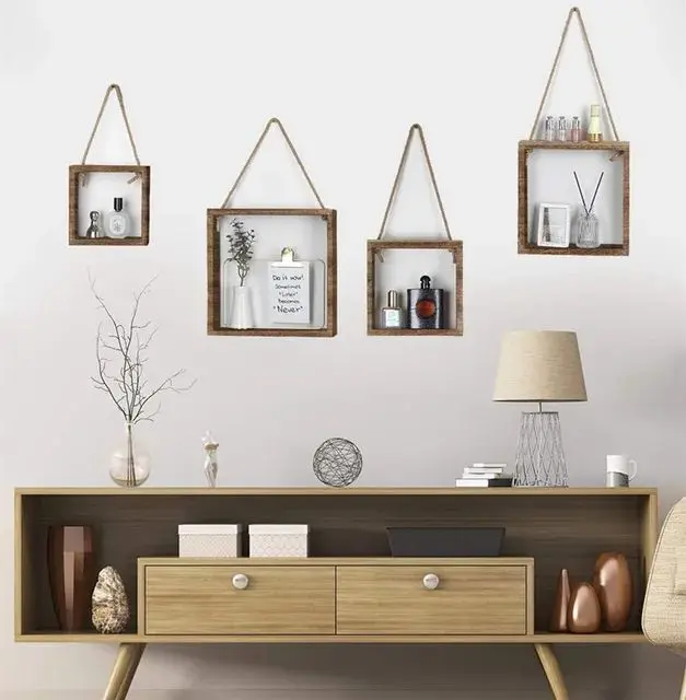 Picture of 1 PCS Floating Hanging Square Shelves Wall Mounted Rustic Wood Cube Display Shelf Shadow Boxes Decorative Boho Home Decor for Living - Multicolor
