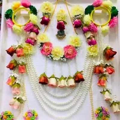 Picture of Holud,Bridal,Wedding Jewlery Set Women For Gaye Holud Rose Flower With Artificial Ornaments - Watch For Women with handcraft - Multicolor,S