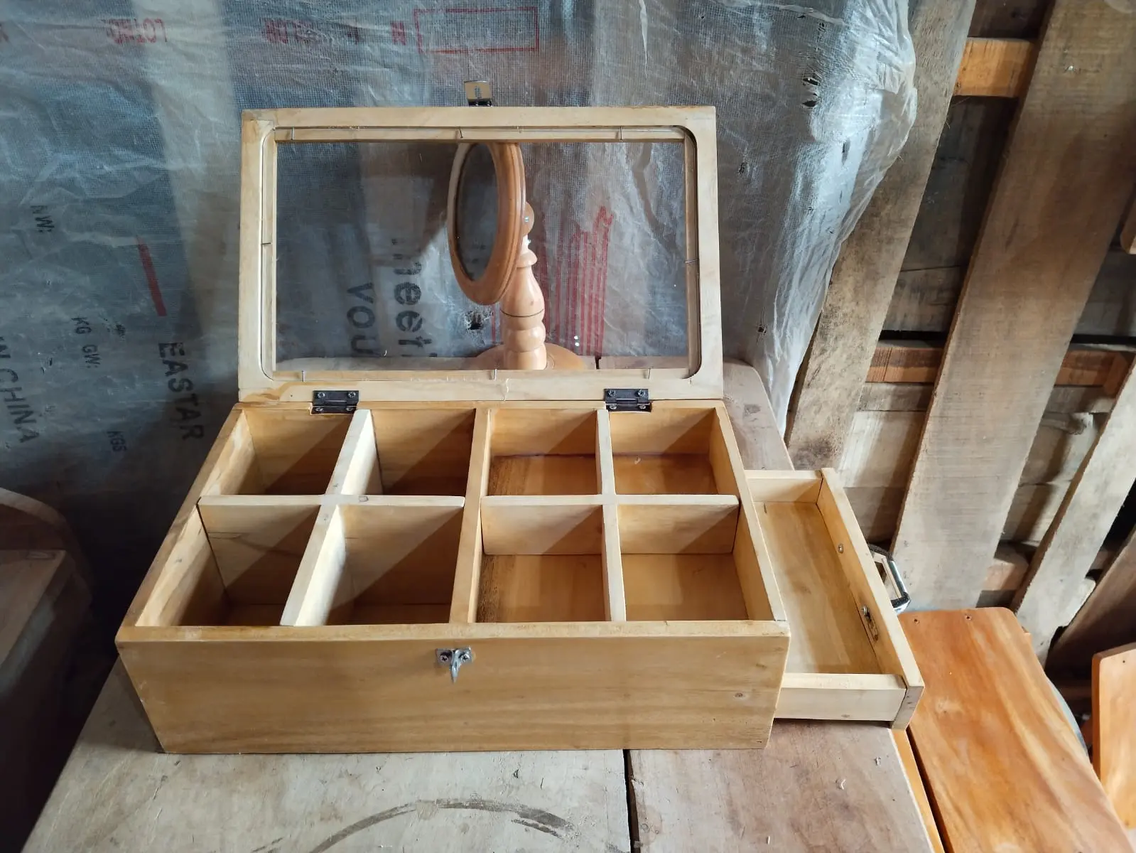 Picture of wooden jewellery box ,cosmetiscs  box tea organizer box with drawer and glass lid - Multicolor