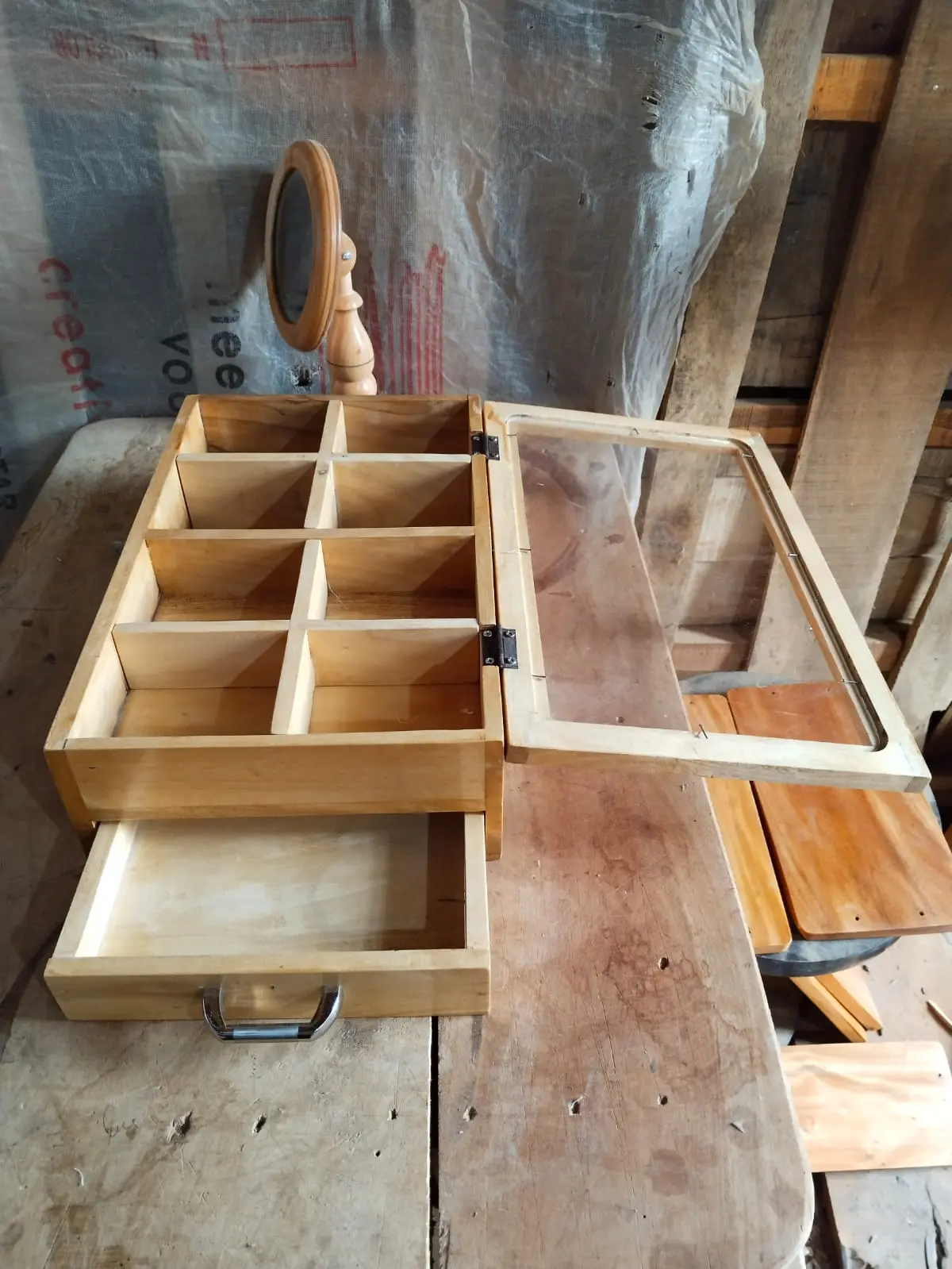 Picture of wooden jewellery box ,cosmetiscs  box tea organizer box with drawer and glass lid - Multicolor