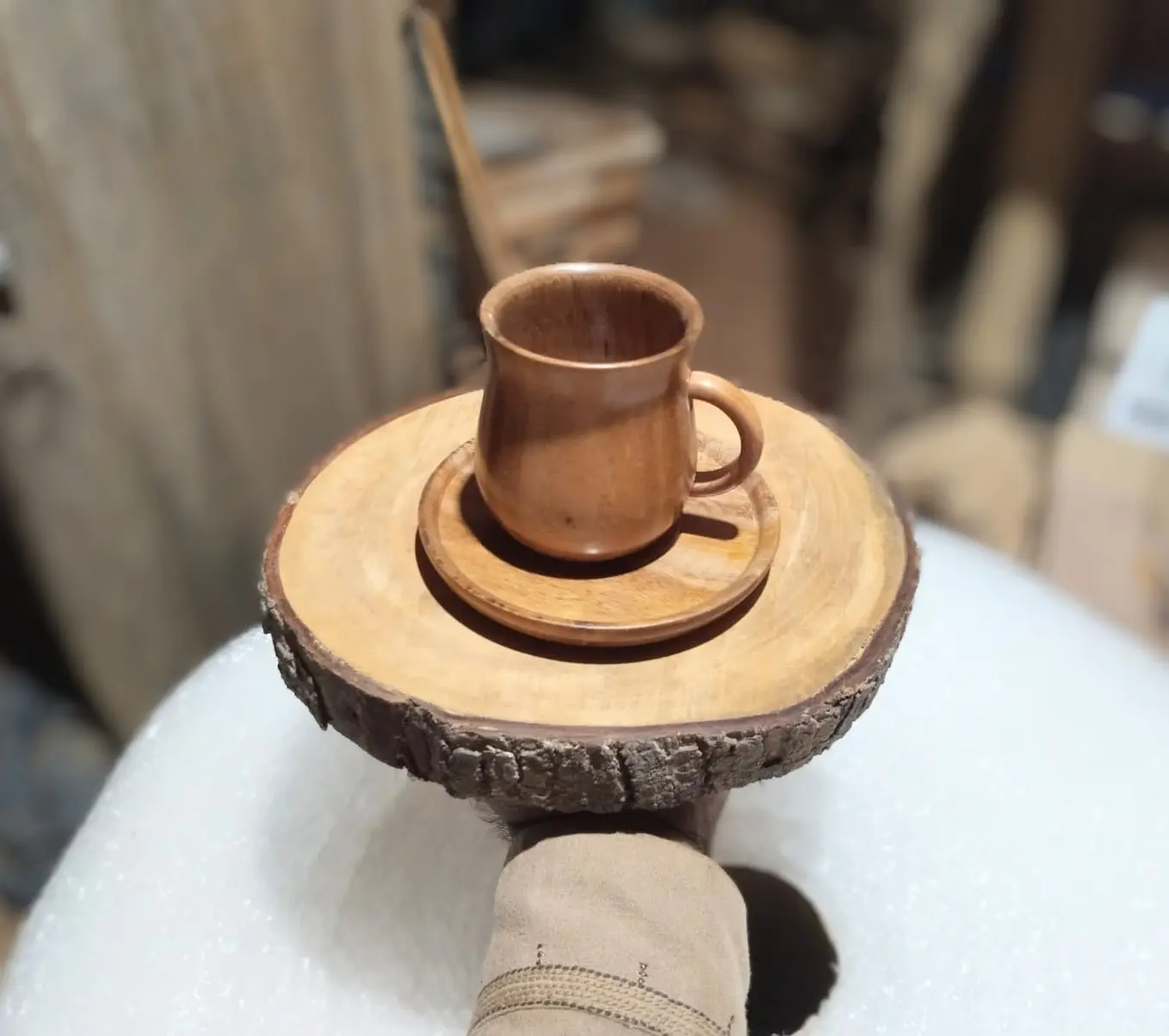 Picture of wooden slices tray with 1 pcs cup prich set for  serving tea, coffee - Multicolor