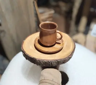 Picture of wooden slices tray with 1 pcs cup prich set for  serving tea, coffee - Multicolor