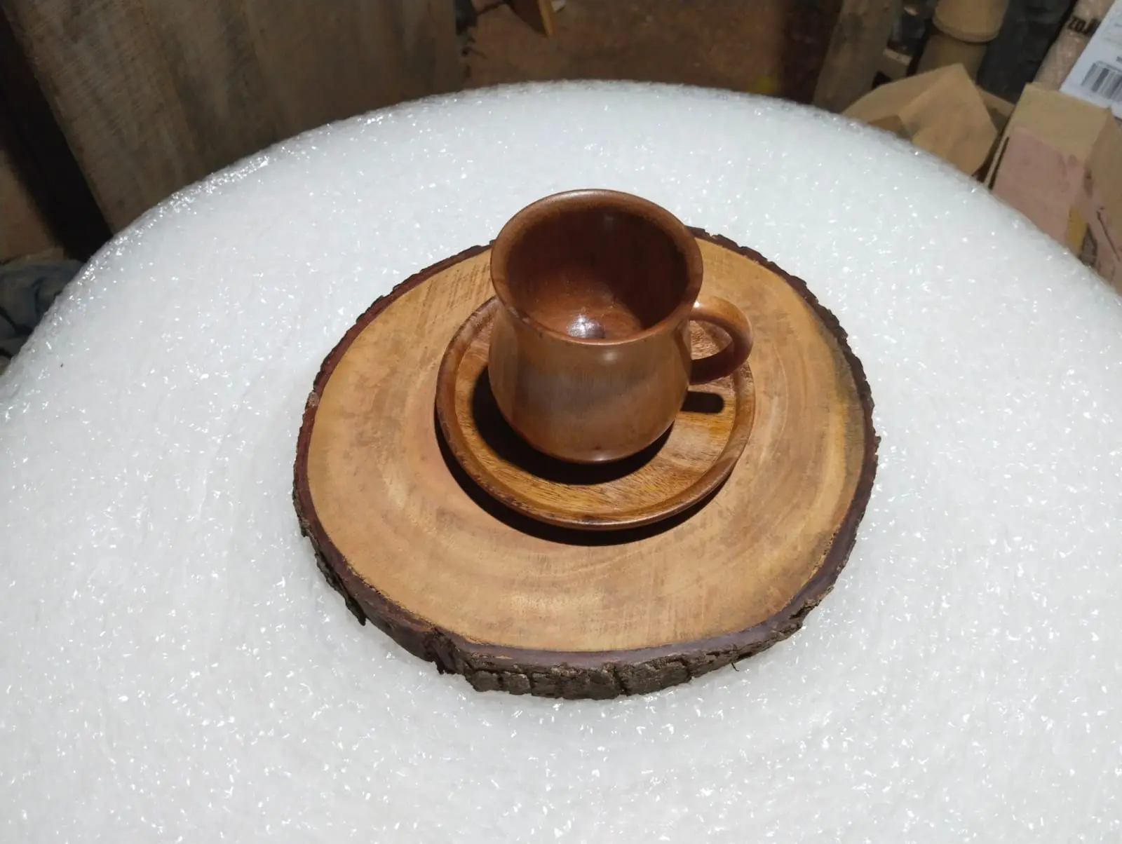 Picture of wooden slices tray with 1 pcs cup prich set for  serving tea, coffee - Multicolor