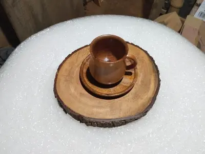 Picture of wooden slices tray with 1 pcs cup prich set for  serving tea, coffee - Multicolor