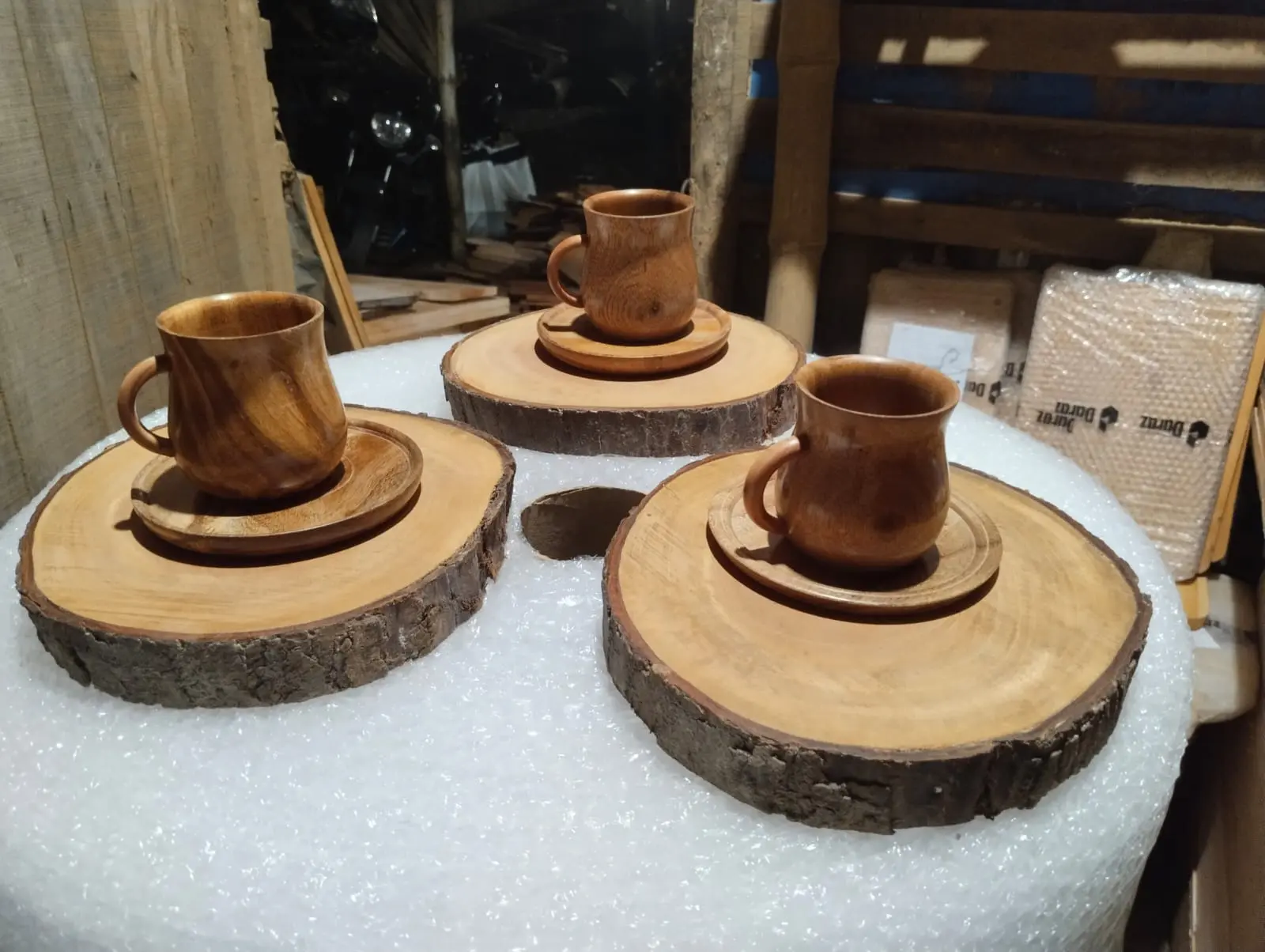 Picture of wooden slices tray with 1 pcs cup prich set for  serving tea, coffee - Multicolor