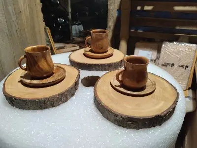 Picture of wooden slices tray with 1 pcs cup prich set for  serving tea, coffee - Multicolor