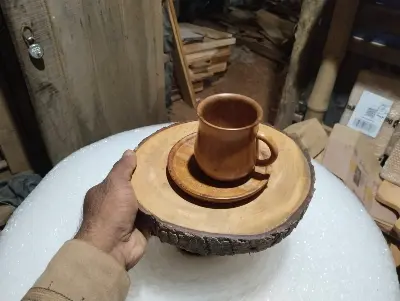 Picture of wooden slices tray with 1 pcs cup prich set for  serving tea, coffee - Multicolor