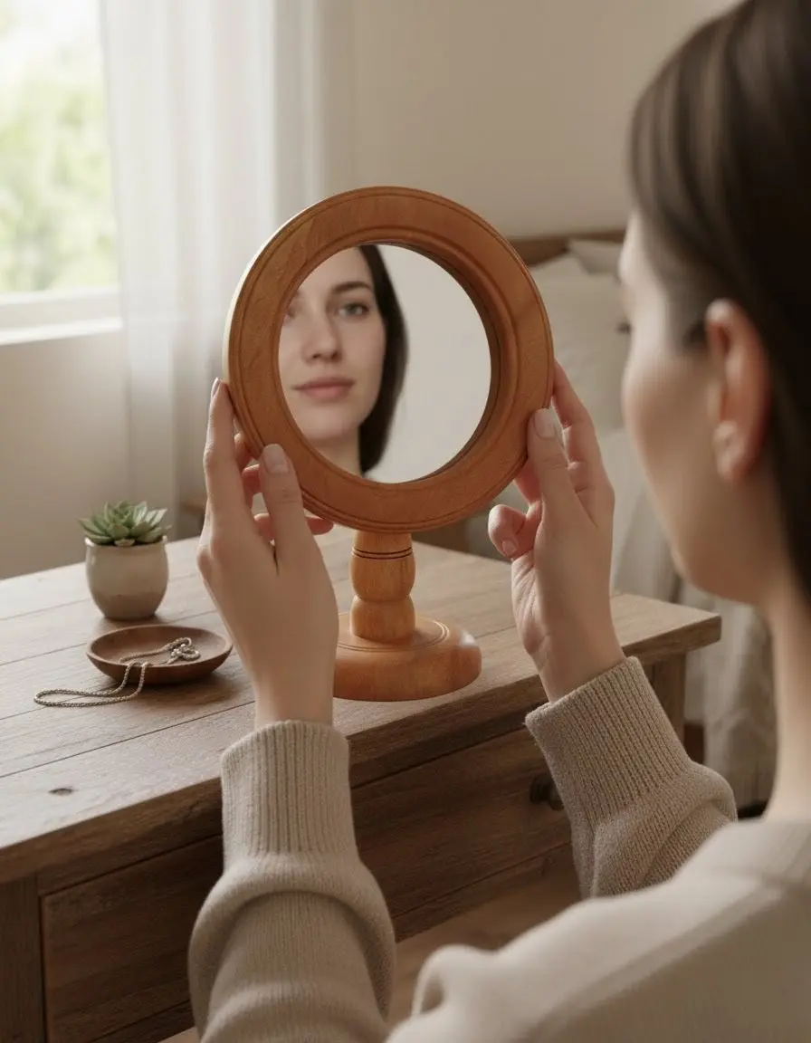 Picture of wooden mirror , wooden makeup mirror ( 7 inch  mirror with frame ) - Multicolor