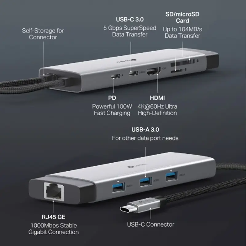 Picture of TP-Link UH9120C USB-C 9-in-1 Multi-Port Hub (4K@60Hz HDMI, Gigabit Ethernet, 100W PD Charging, USB-C Data, 3× USB-A 3.0, SD & MicroSD Card Readers)