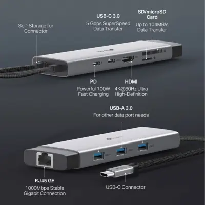 Picture of TP-Link UH9120C USB-C 9-in-1 Multi-Port Hub (4K@60Hz HDMI, Gigabit Ethernet, 100W PD Charging, USB-C Data, 3× USB-A 3.0, SD & MicroSD Card Readers)
