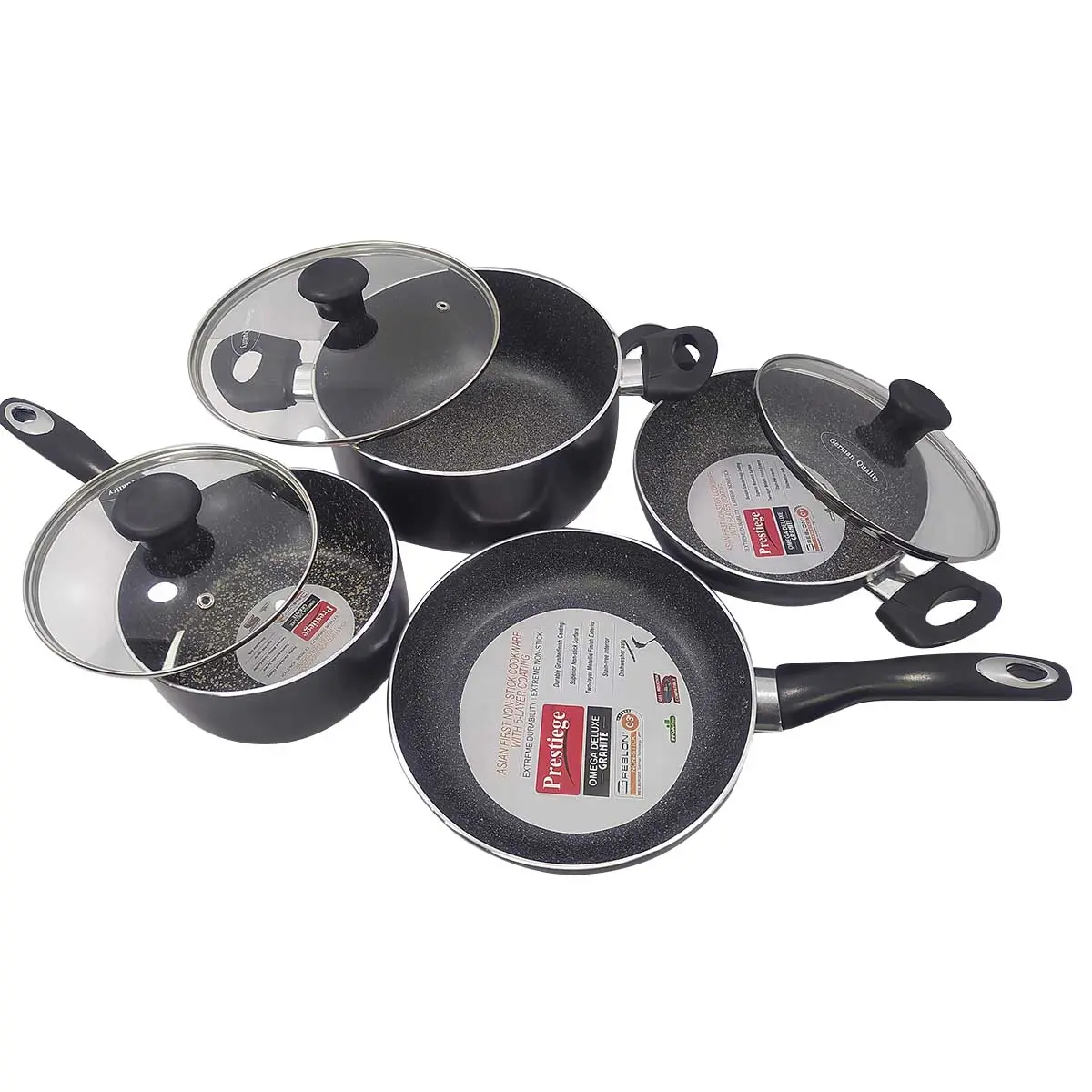 Picture of Prestiege 7 Pcs Induction Cookware Set For Superior Release -1Pc Casserol, 1Pc Fry pan, 1Pc Karai, 1Pc Milk pan and 3 lids Gift And Home Use