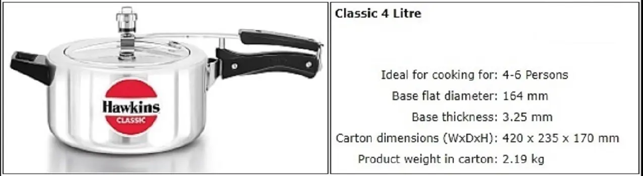 Picture of Hawkins Classic Pressure Cooker 4L(Silver)