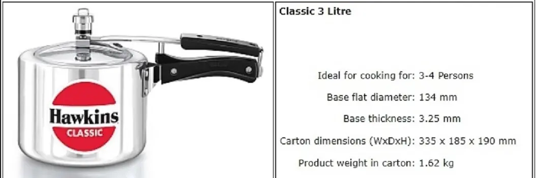 Picture of Hawkins Classic Pressure Cooker 3L(Silver)