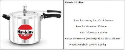 Picture of Hawkins Classic Pressure Cooker 10L(Silver)