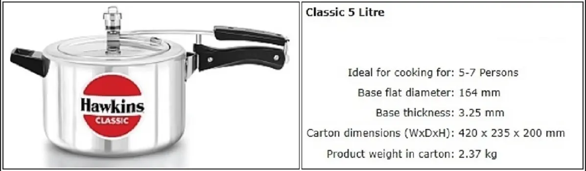 Picture of Hawkins Classic Pressure Cooker 5L(Silver)