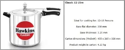 Picture of Hawkins Classic Pressure Cooker 12L(Silver)