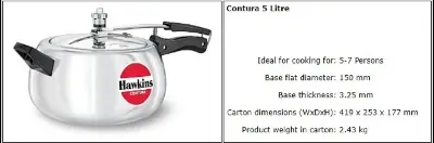 Picture of Hawkins Contura Silver Pressure Cooker 5 litre(Silver)