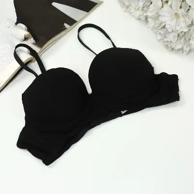Picture of Glossy black Soft Comfortable Non Paded Wireless Foam Bra for Women and Girls