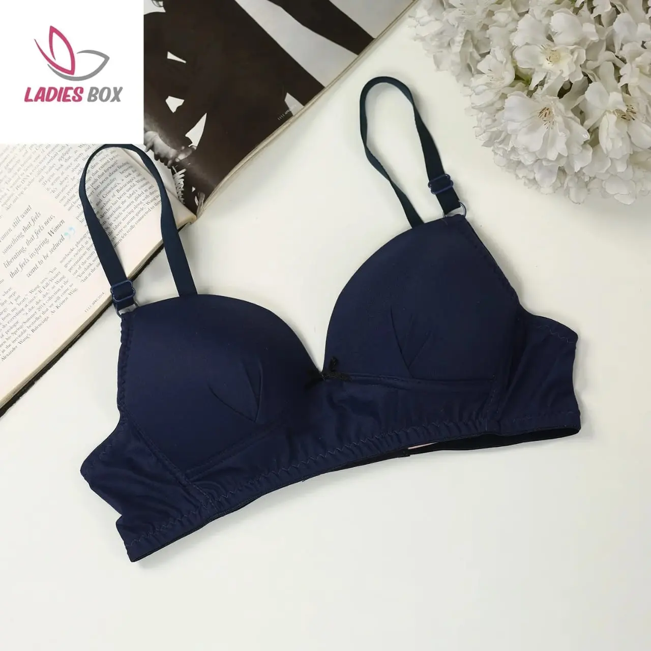 Picture of Glossy black Soft Comfortable Non Paded Wireless Foam Bra for Women and Girls