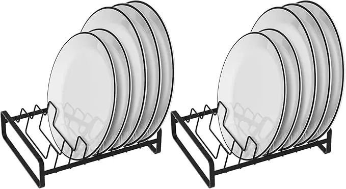 Picture of 2 Piece Plate Holders Organizers 8 Slots Upright Cabinet Dish Drying Racks Metal Plate Dish Organizers Racks Stands for Countertop and Cupboard  (Black)