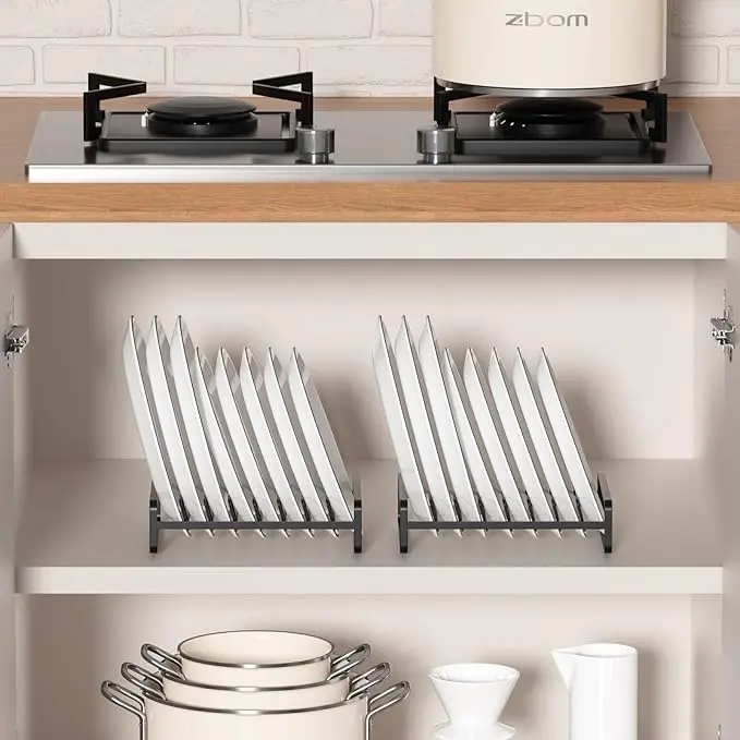 Picture of 2 Piece Plate Holders Organizers 8 Slots Upright Cabinet Dish Drying Racks Metal Plate Dish Organizers Racks Stands for Countertop and Cupboard  (Black)