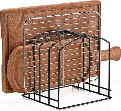 Picture of Cutting Board Organizer, Kitchen Cabinet Organizer for Baking Tray/Chopping Board, Stainless Steel Cookware Holder with 5 Slots, Cutting Board Storage Rack Cookie Sheet Baking Pan Organizer-1pc (Black)