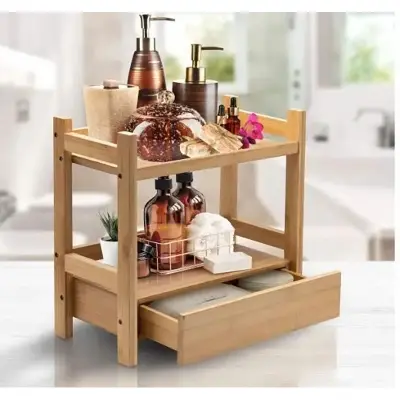 Picture of 2-Tier Bamboo Countertop Shelf with Drawer Small Multi-Purpose Storage Bookshelf for Bathroom Office Makeup Kitchen Organizer - Multicolor