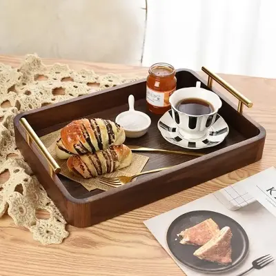 Picture of Solid Wooden Serving Decorative Coffee Table Tray Rectangle Wood Food Tray Rectangle Black Walnut Serving Tray With Handles - Multicolor
