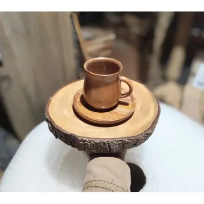 Picture of wooden slices tray with 1 pcs cup prich set for  serving tea, coffee - Multicolor