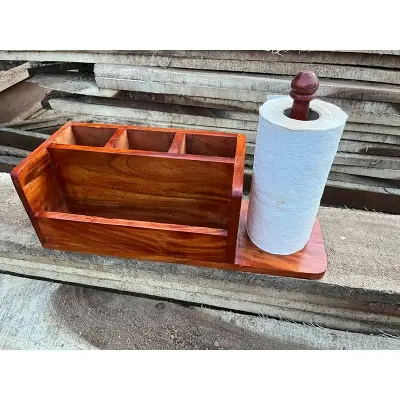 Picture of Modern design wooden counter-top Cutlery And Tissue Paper Holder for Kitchen Dining Table Wooden Cutlery Spoon Holder - Multicolor