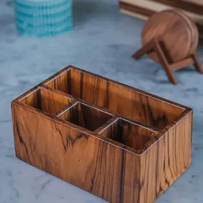 Picture of Teak Cutlery Rack, 3+1 Compartment Multi-purpose Wooden Cutlery Storage Rack, Kitchen, Dining Table Spoon Rack - Multicolor