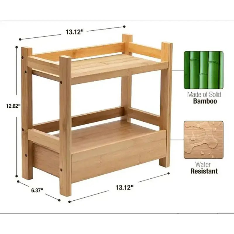 Picture of 2-Tier Bamboo Countertop Shelf with Drawer Small Multi-Purpose Storage Bookshelf for Bathroom Office Makeup Kitchen Organizer - Multicolor