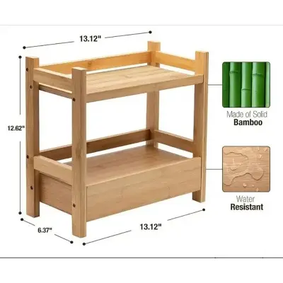 Picture of 2-Tier Bamboo Countertop Shelf with Drawer Small Multi-Purpose Storage Bookshelf for Bathroom Office Makeup Kitchen Organizer - Multicolor