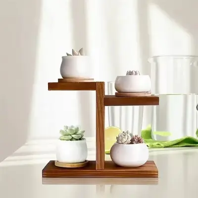 Picture of Household living room solid wood multi-layer flower shelf creative pot plant storage shelf indoor balcony flower rack ( with 4 flower vases ) - Multicolor