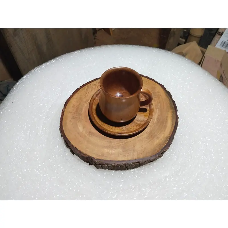 Picture of wooden slices tray with 1 pcs cup prich set for  serving tea, coffee - Multicolor