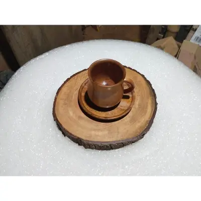 Picture of wooden slices tray with 1 pcs cup prich set for  serving tea, coffee - Multicolor