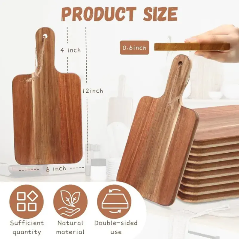 Picture of Wholesale Custom Kitchen Blank Thick Wooden Chopping Boards Block Large Wood Acacia Cutting Board with Handle Serving Tray ( 6 inch by 12 inch ) - Multicolor